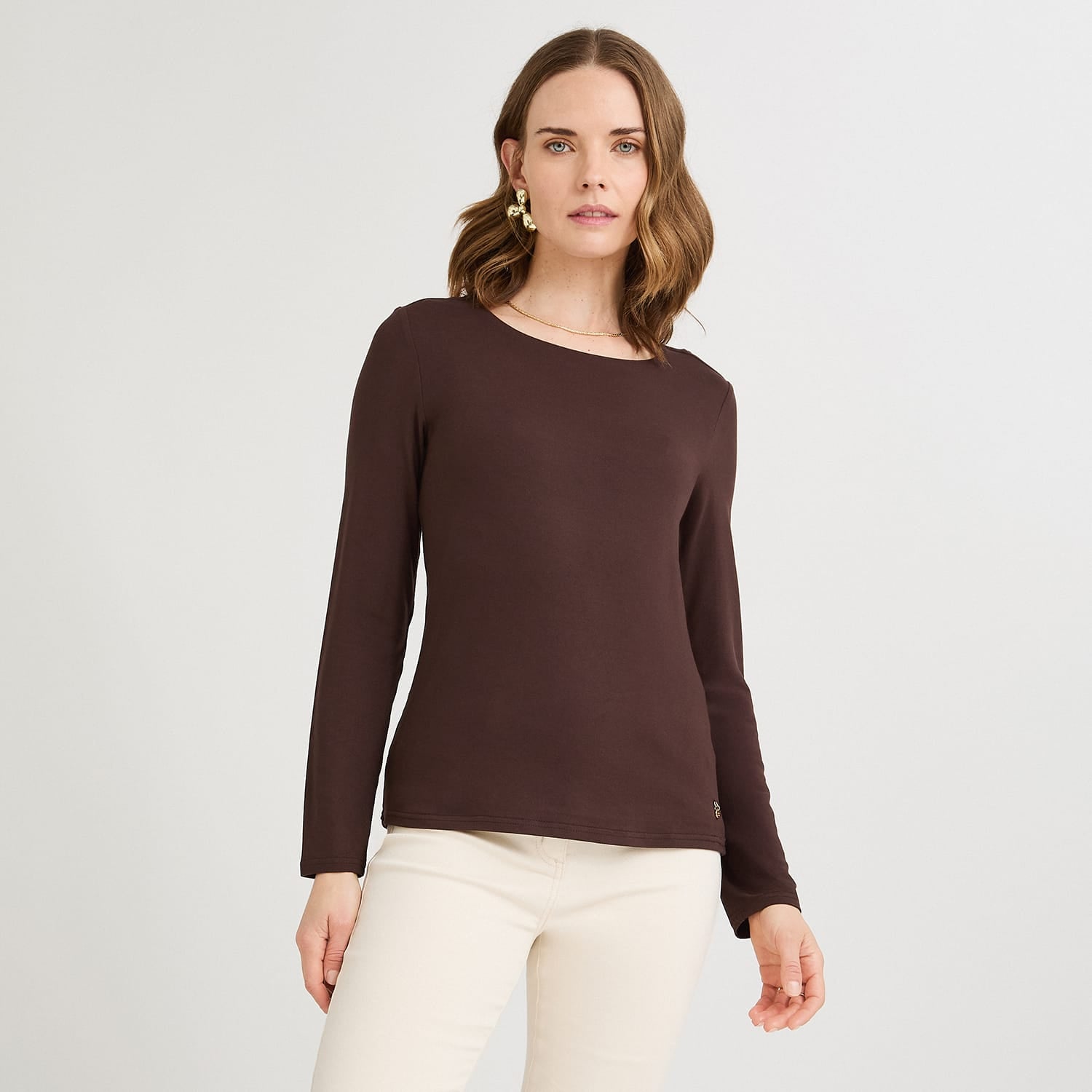 Polera Escote Redondo Lisa Básica Café